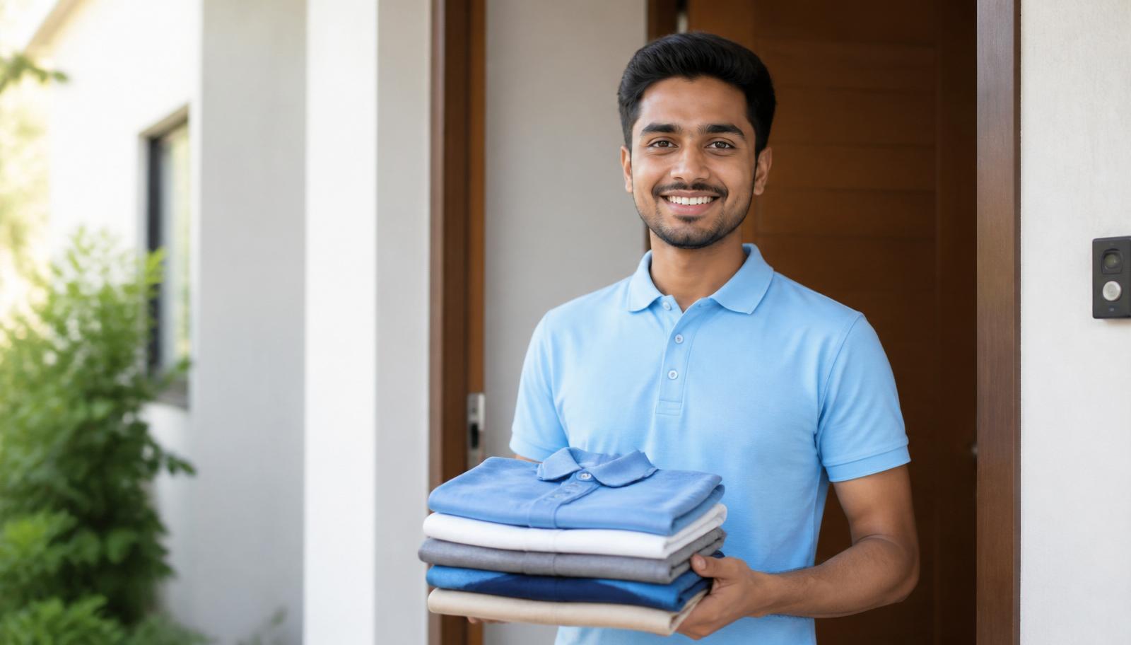 Nazheef delivery rider handing over freshly folded clothes