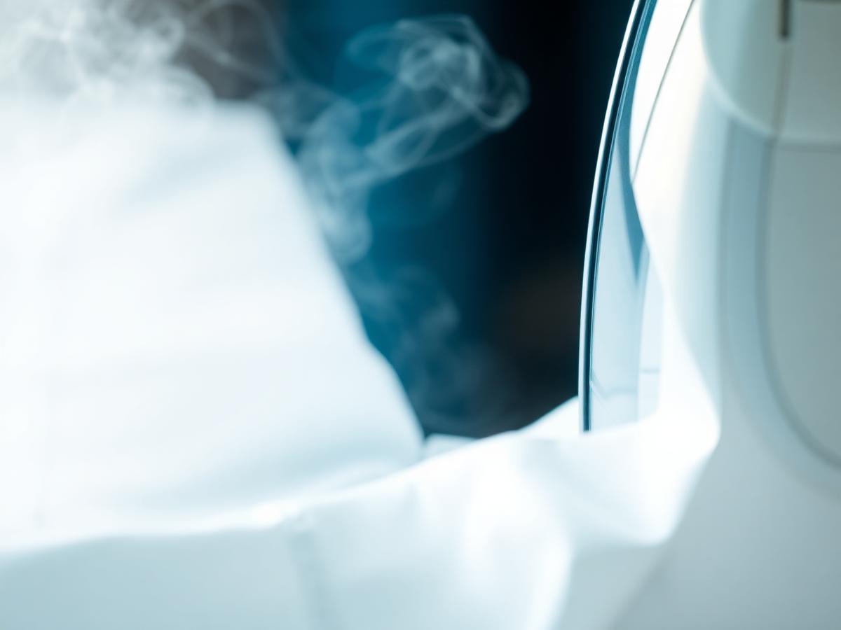 Crisp ironing close-up with soft steam